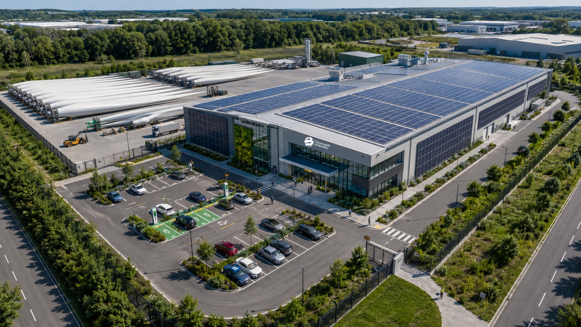 Aerial artist's impression of the future FEC Grimsby facility with solar roof and stockpiled turbine blades