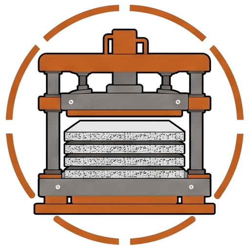 Hydraulic press compressing layered composite boards