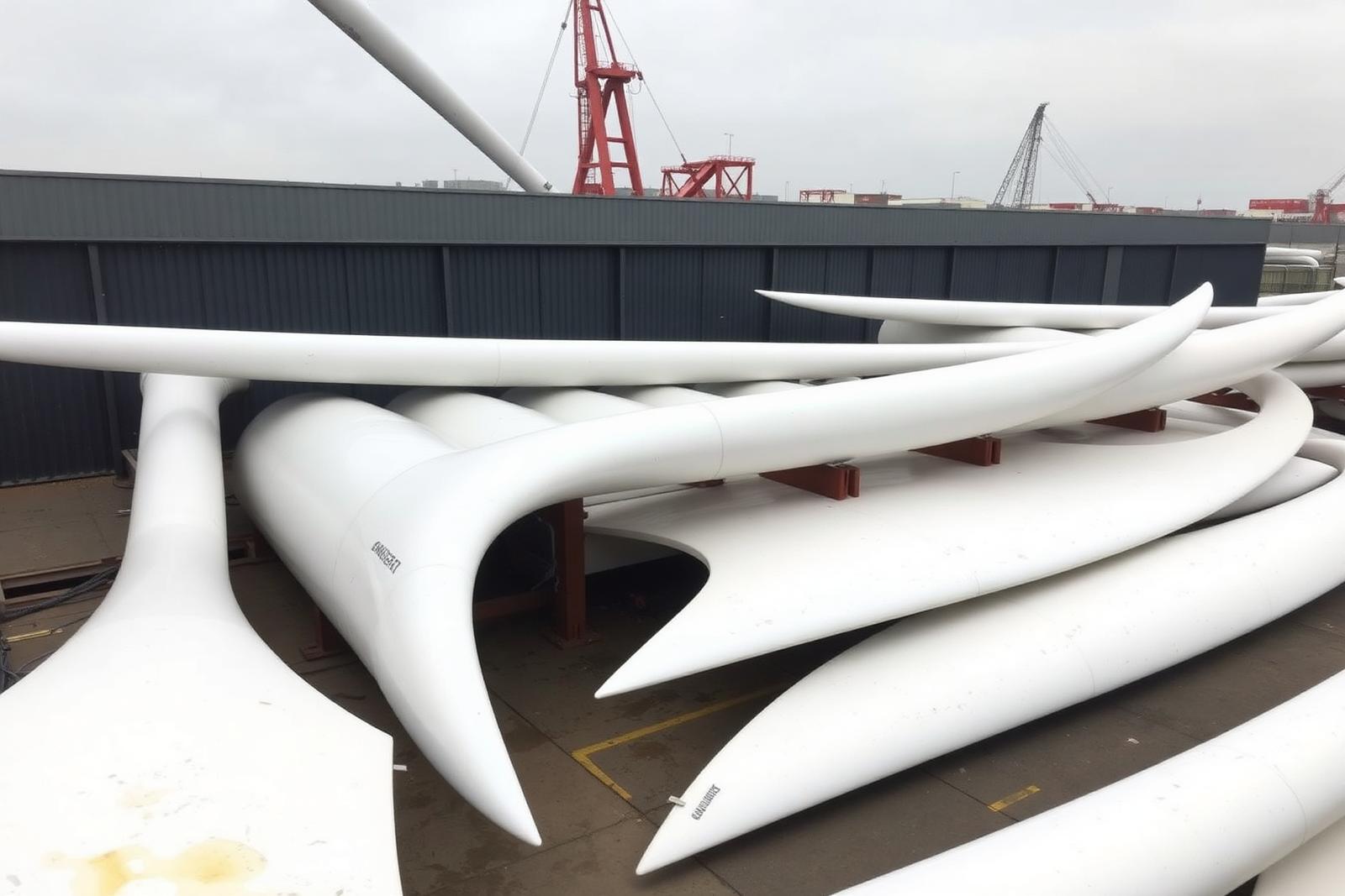 Stacked decommissioned wind turbine blades at a port yard